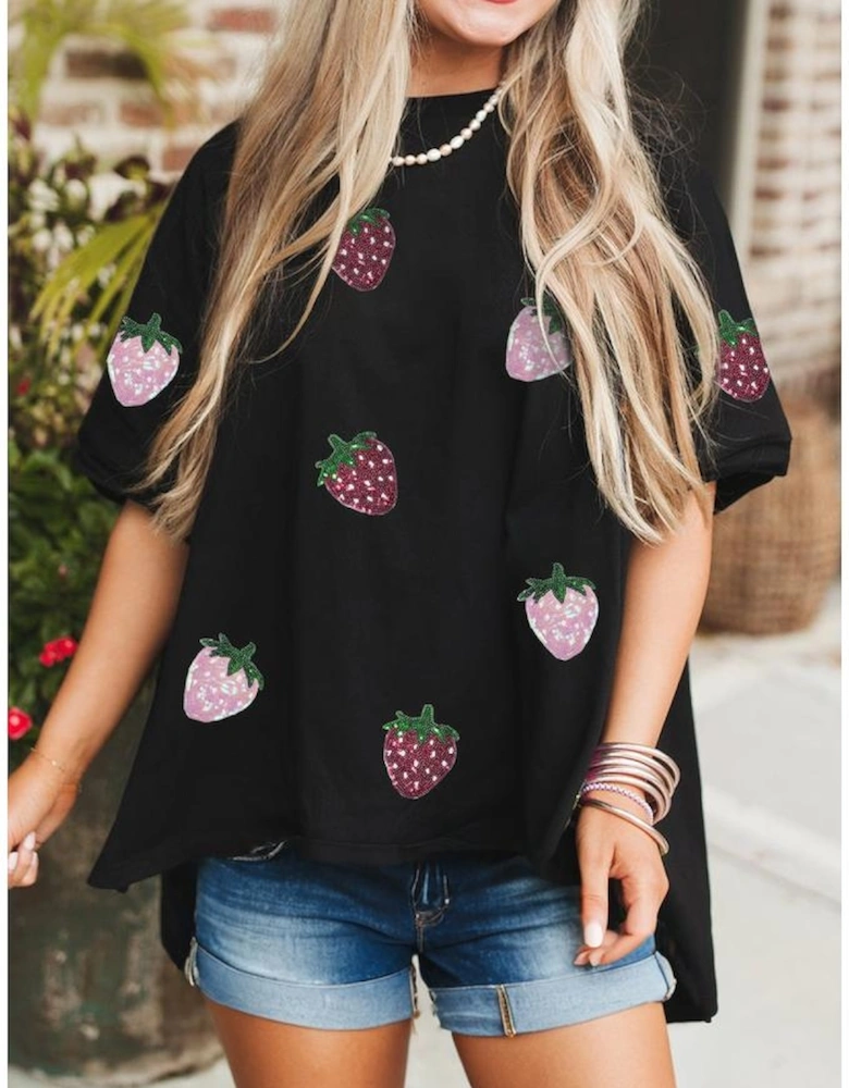 Black Sequin Strawberry Graphic High Low Relaxed Fit Tee