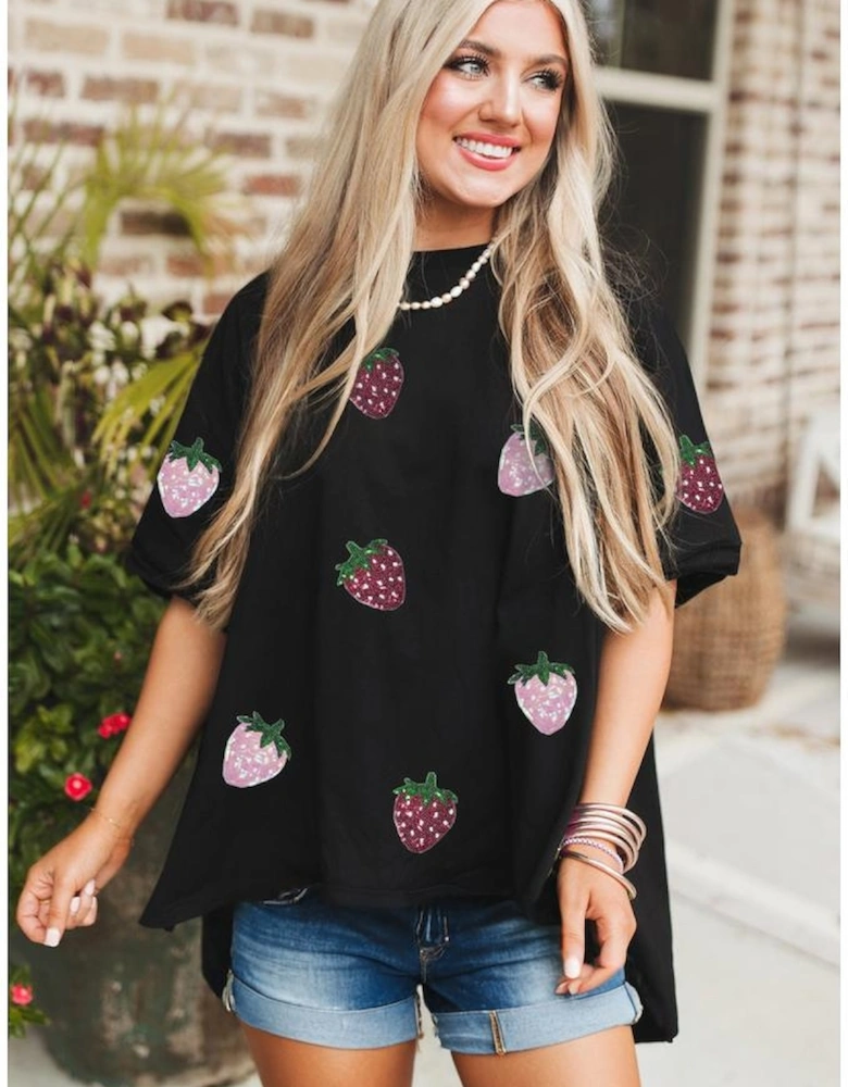Black Sequin Strawberry Graphic High Low Relaxed Fit Tee
