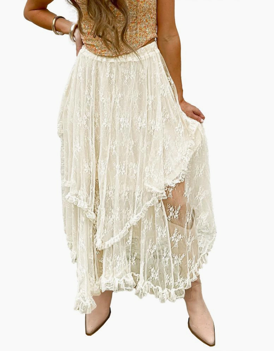 Beige Lace Cascading Tiered High Waist Maxi Skirt