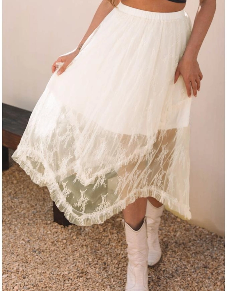 Beige Lace Cascading Tiered High Waist Maxi Skirt