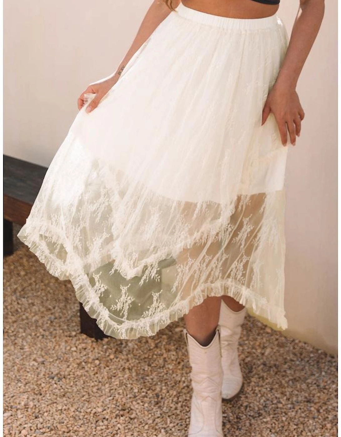 Beige Lace Cascading Tiered High Waist Maxi Skirt