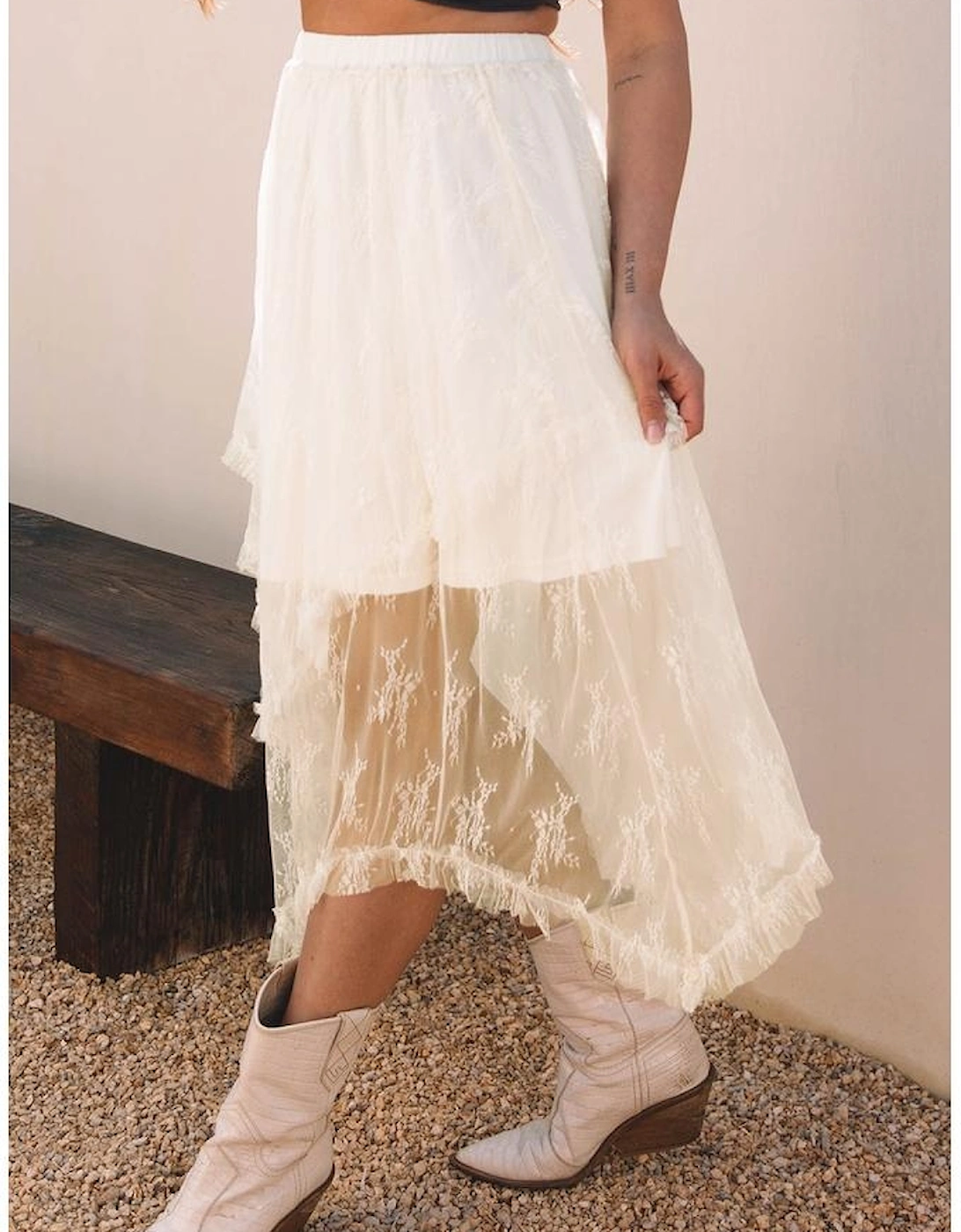 Beige Lace Cascading Tiered High Waist Maxi Skirt