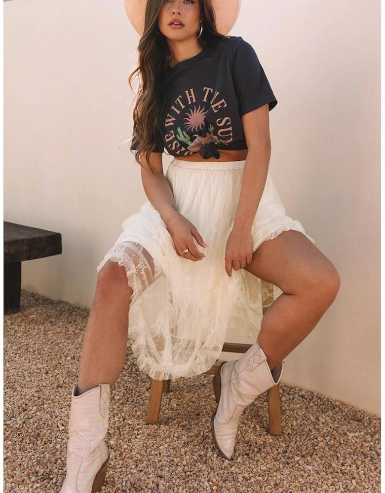 Beige Lace Cascading Tiered High Waist Maxi Skirt