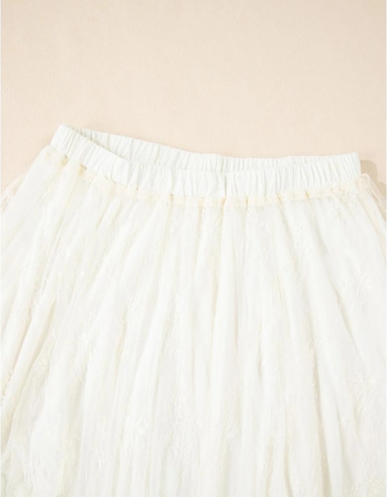 Beige Lace Cascading Tiered High Waist Maxi Skirt