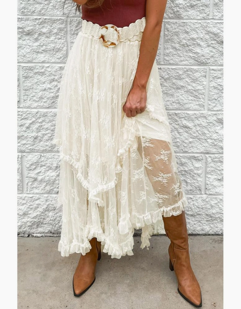 Beige Lace Cascading Tiered High Waist Maxi Skirt