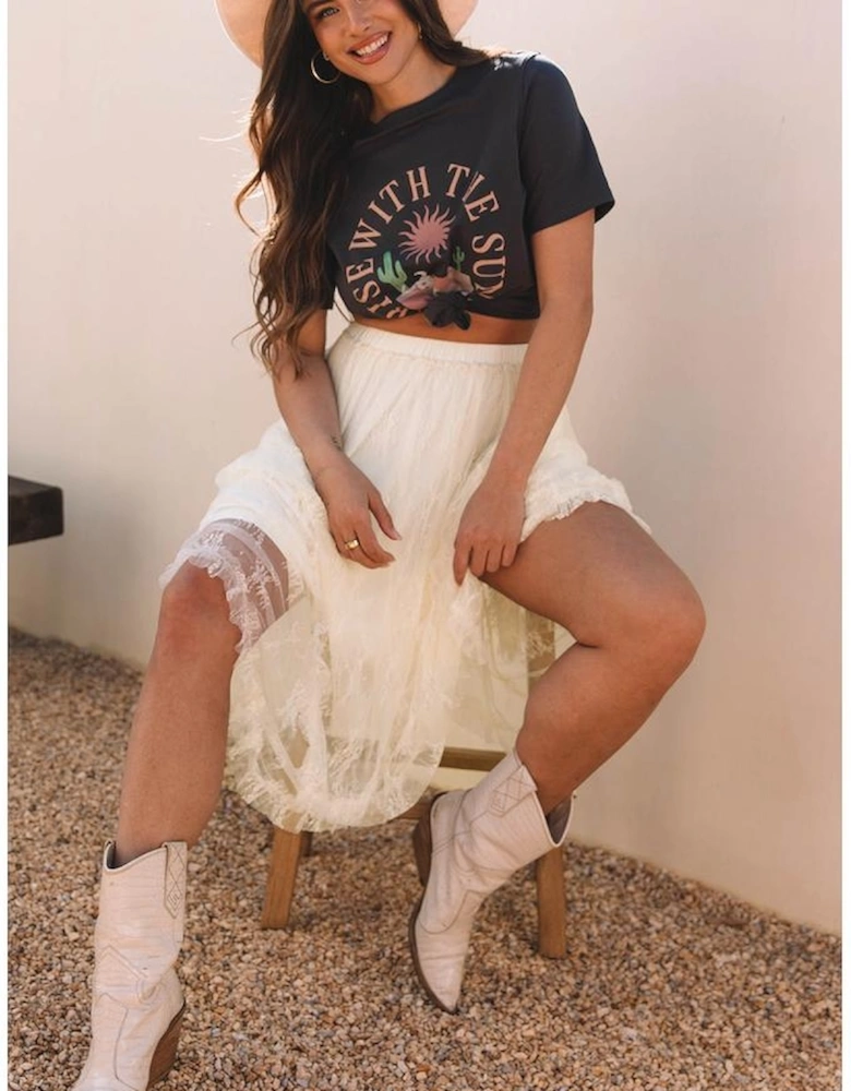 Beige Lace Cascading Tiered High Waist Maxi Skirt