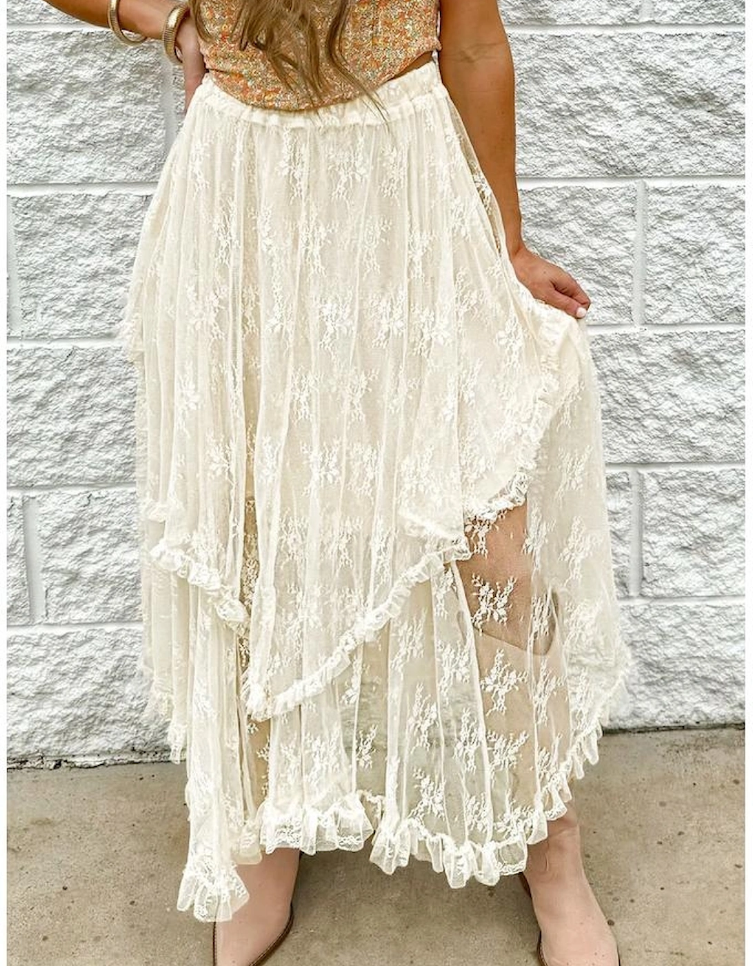 Beige Lace Cascading Tiered High Waist Maxi Skirt