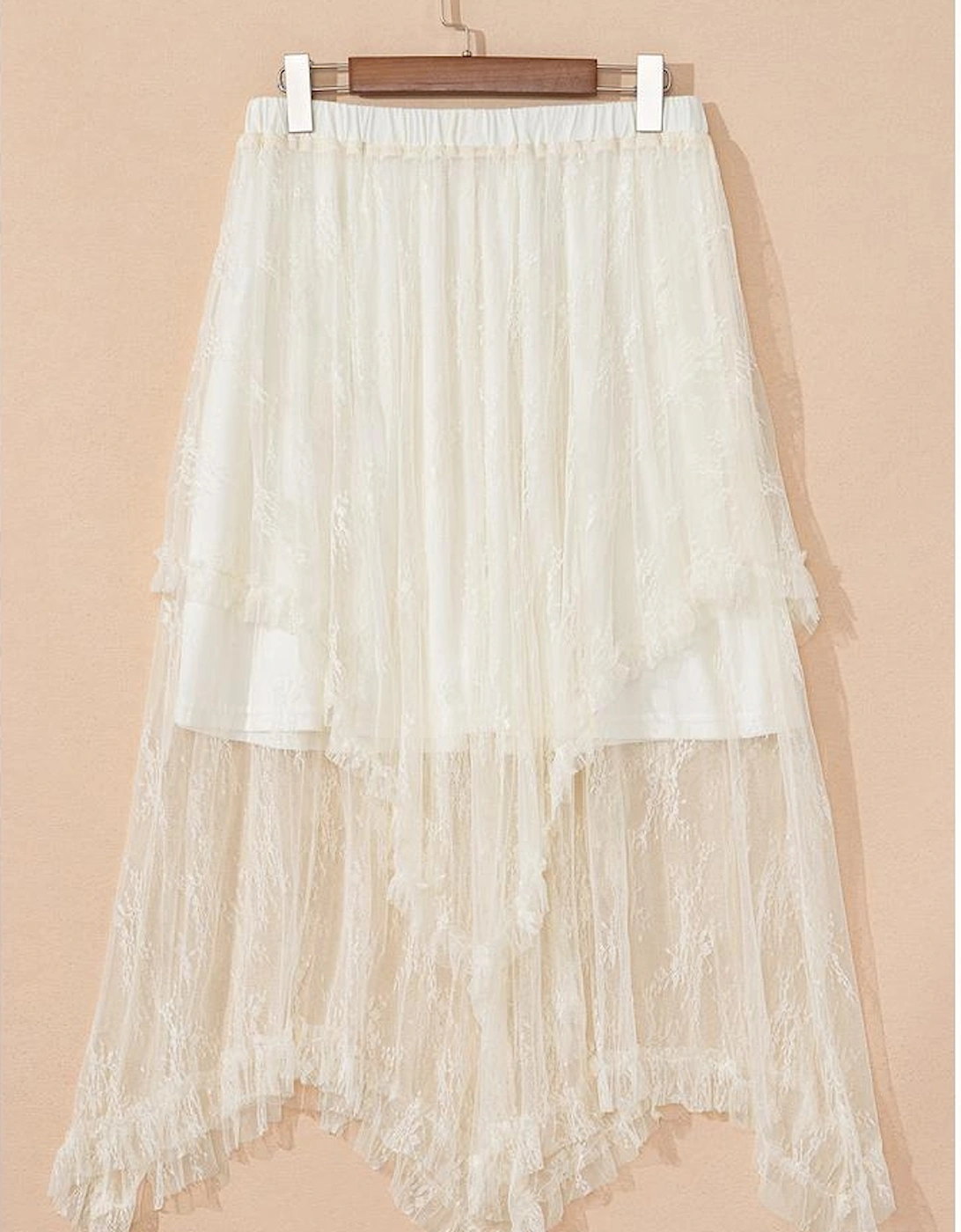 Beige Lace Cascading Tiered High Waist Maxi Skirt