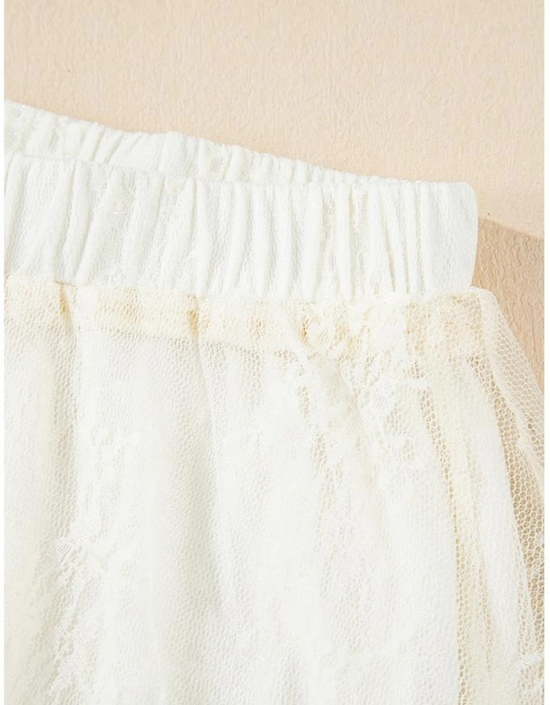 Beige Lace Cascading Tiered High Waist Maxi Skirt