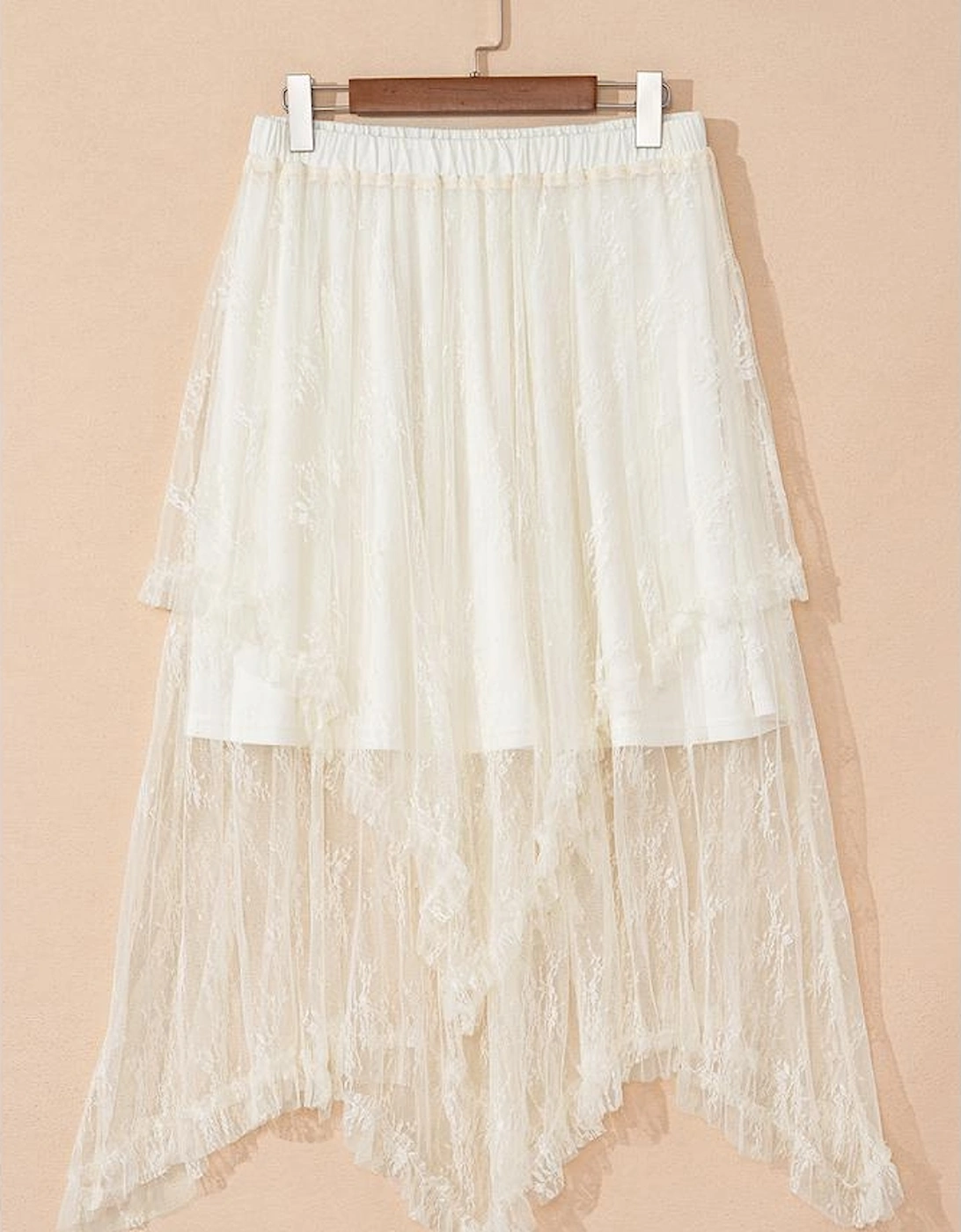 Beige Lace Cascading Tiered High Waist Maxi Skirt