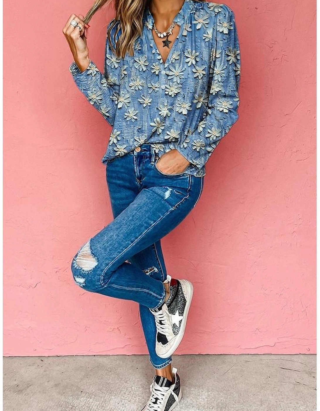 Sky Blue Fall Floral Half Placket Collared V Neck Blouse, 4 of 3