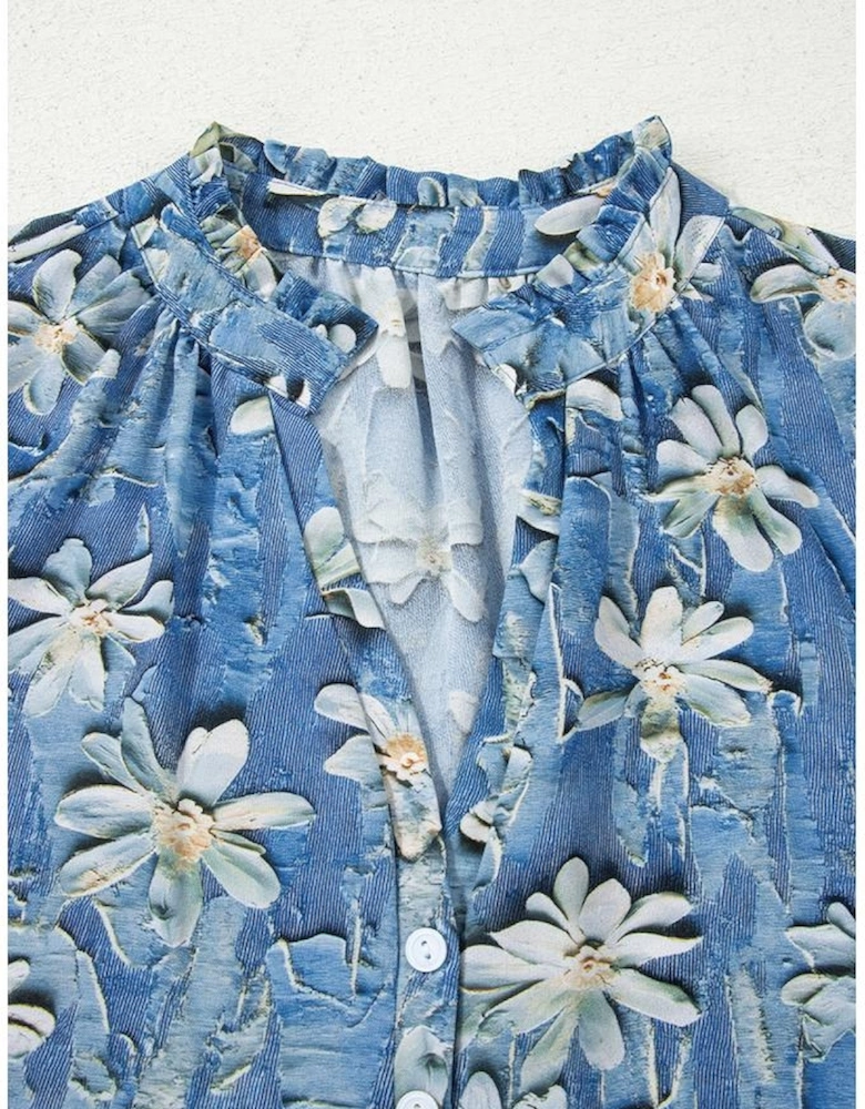 Sky Blue Fall Floral Half Placket Collared V Neck Blouse