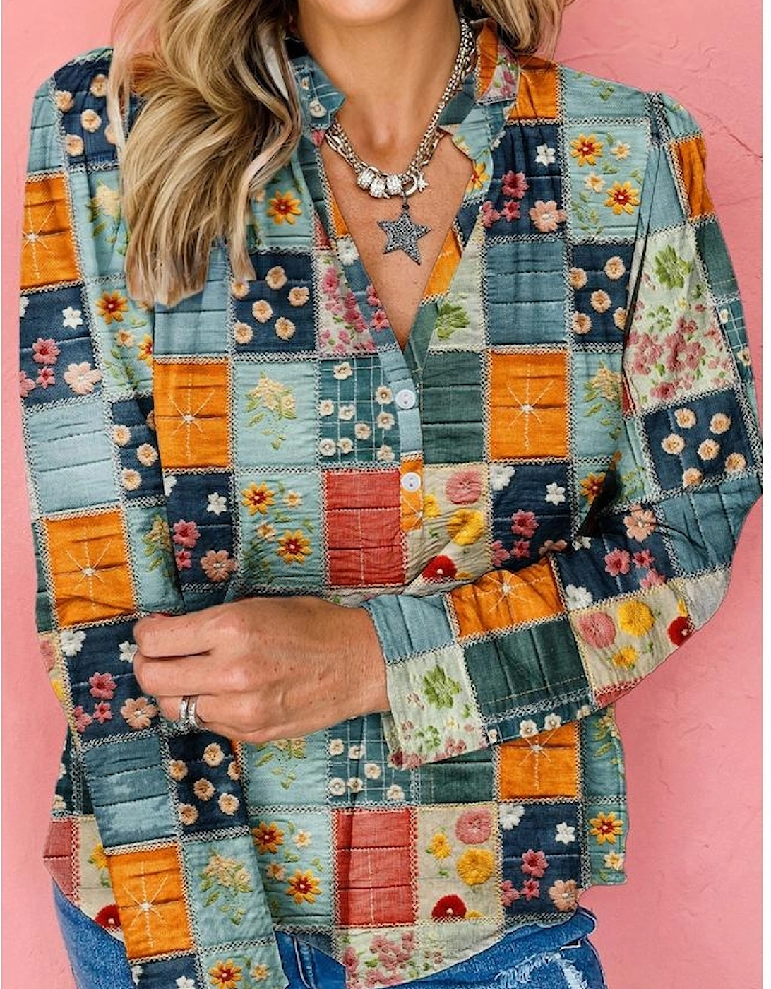 Sky Blue Fall Floral Half Placket Collared V Neck Blouse