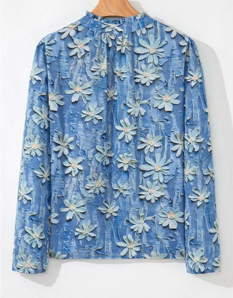 Sky Blue Fall Floral Half Placket Collared V Neck Blouse