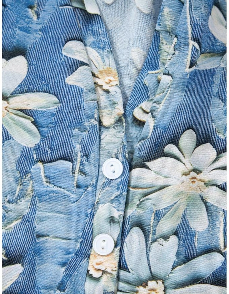 Sky Blue Fall Floral Half Placket Collared V Neck Blouse