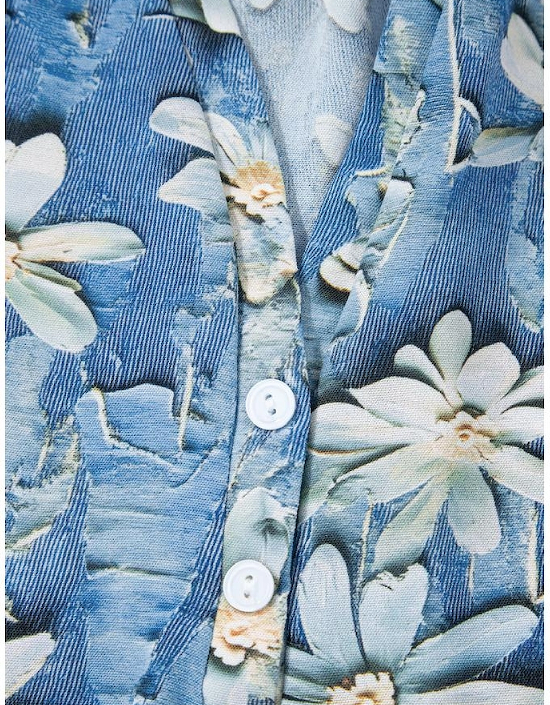 Sky Blue Fall Floral Half Placket Collared V Neck Blouse