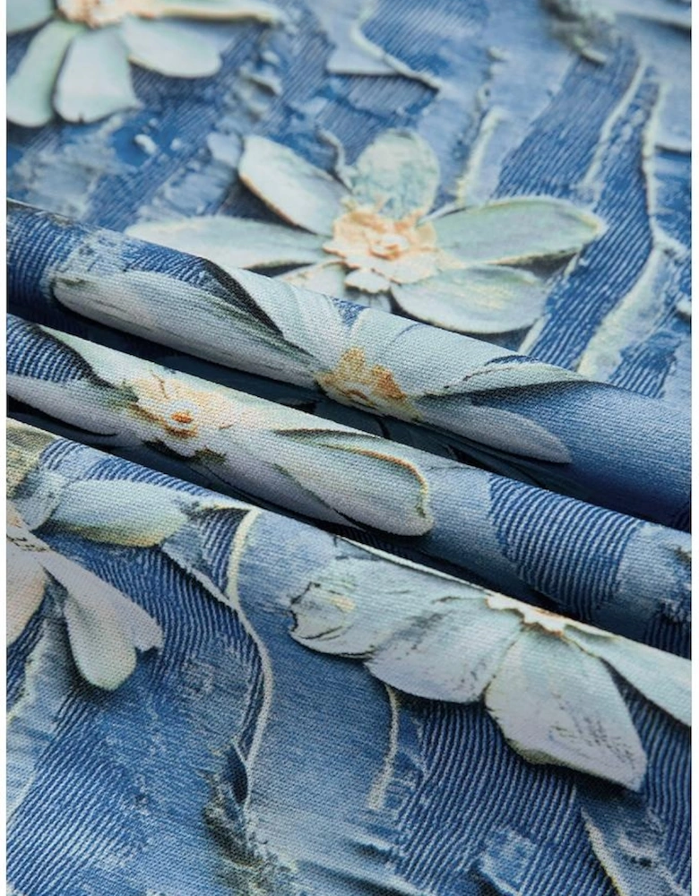 Sky Blue Fall Floral Half Placket Collared V Neck Blouse