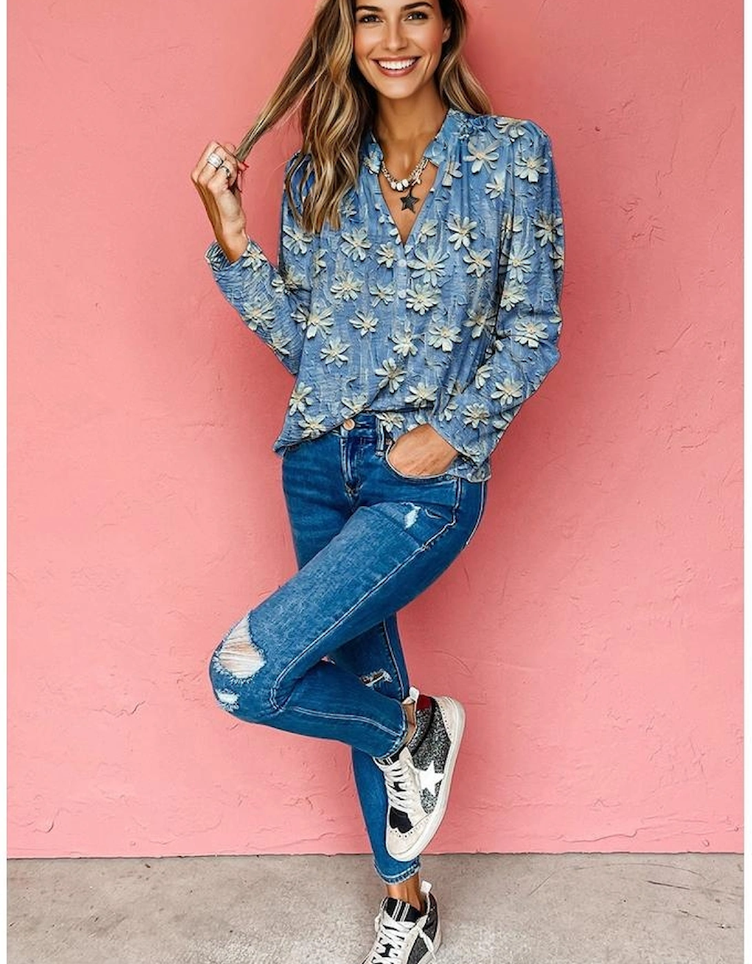 Sky Blue Fall Floral Half Placket Collared V Neck Blouse