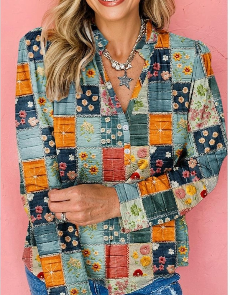 Sky Blue Fall Floral Half Placket Collared V Neck Blouse