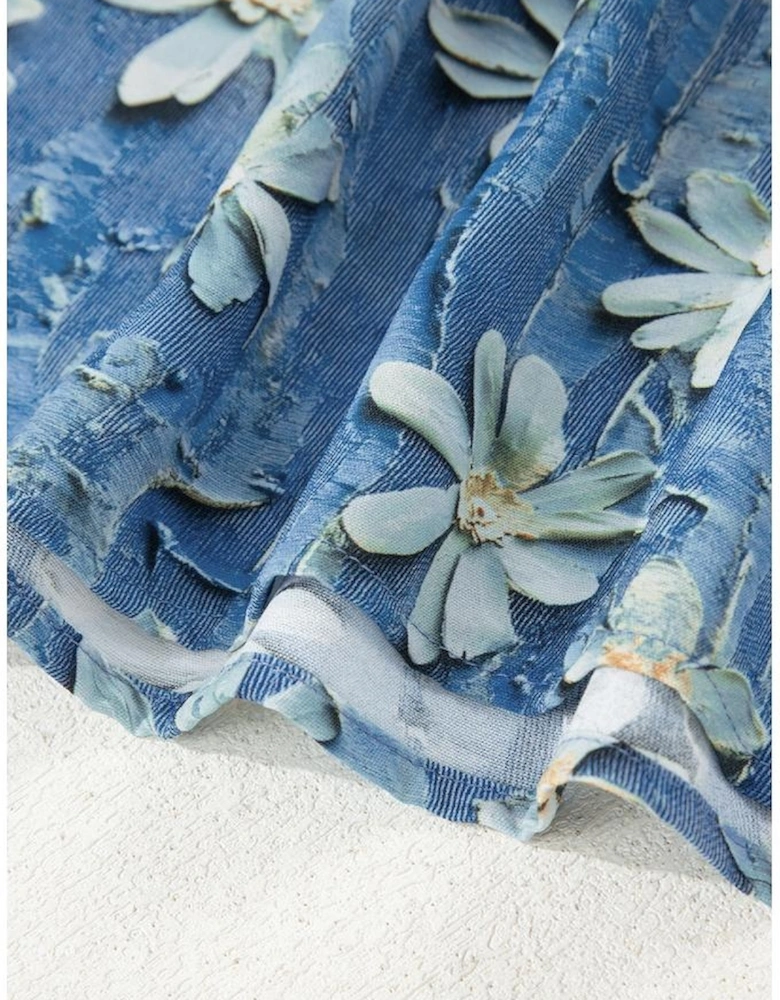 Sky Blue Fall Floral Half Placket Collared V Neck Blouse