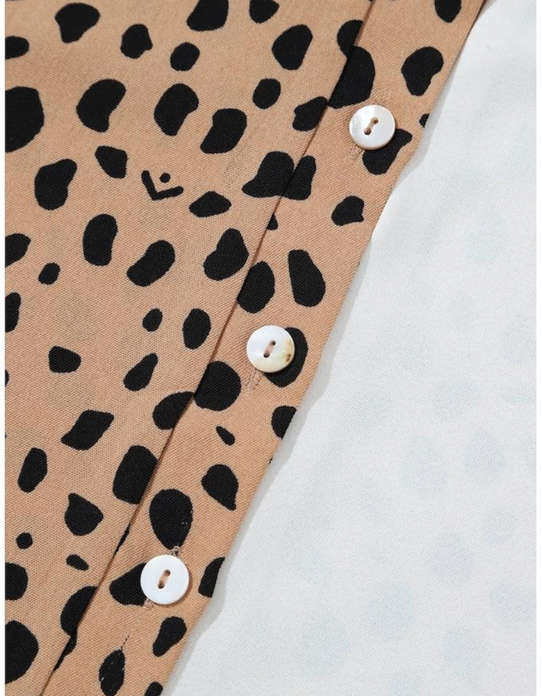 Khaki Leopard Contrast Half Button Casual Blouse