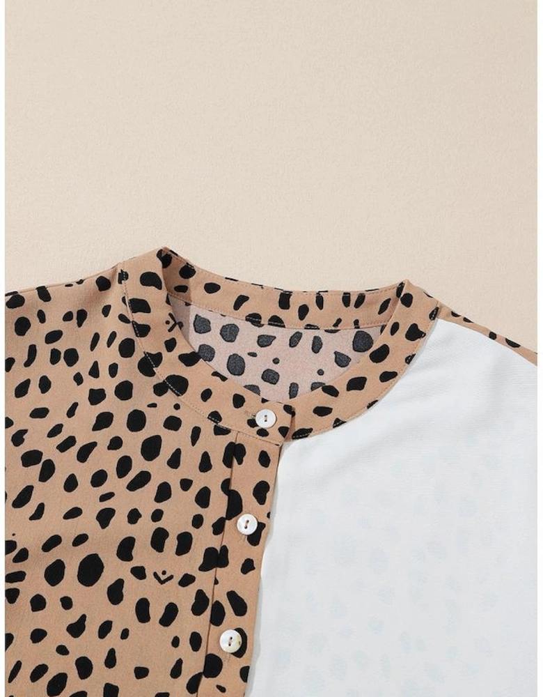Khaki Leopard Contrast Half Button Casual Blouse