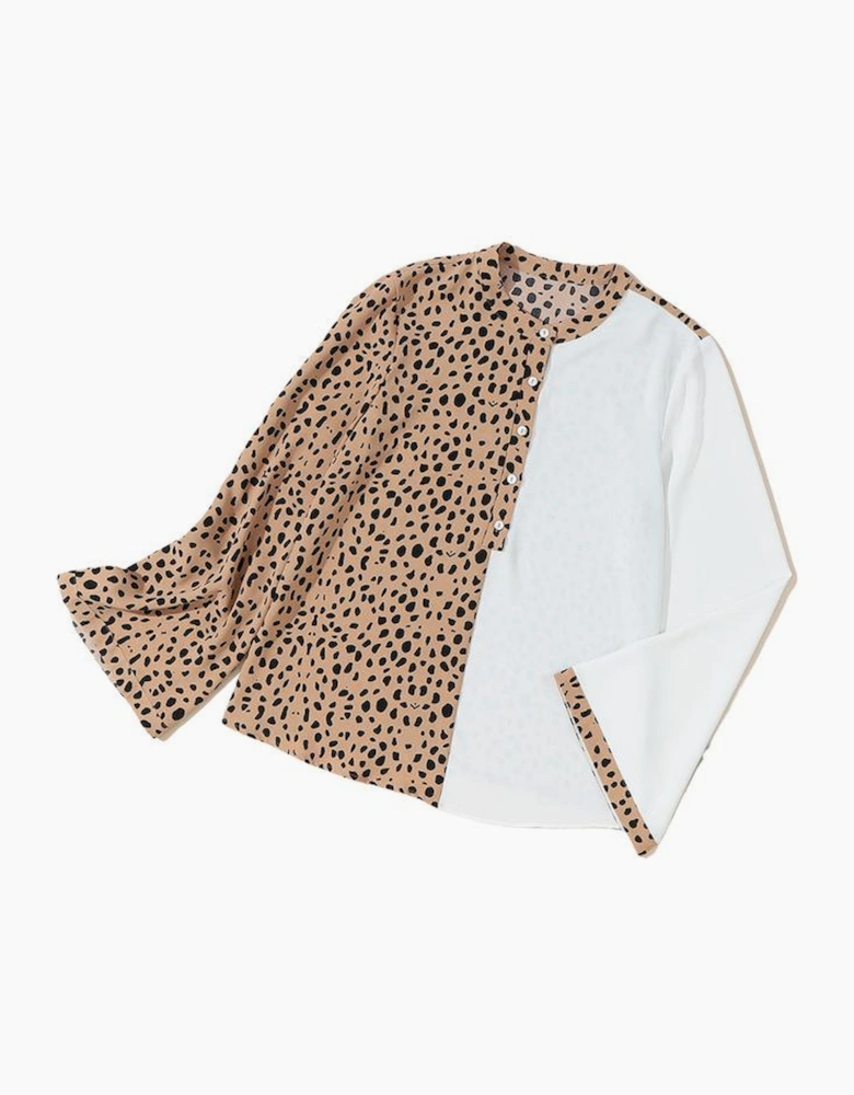 Khaki Leopard Contrast Half Button Casual Blouse