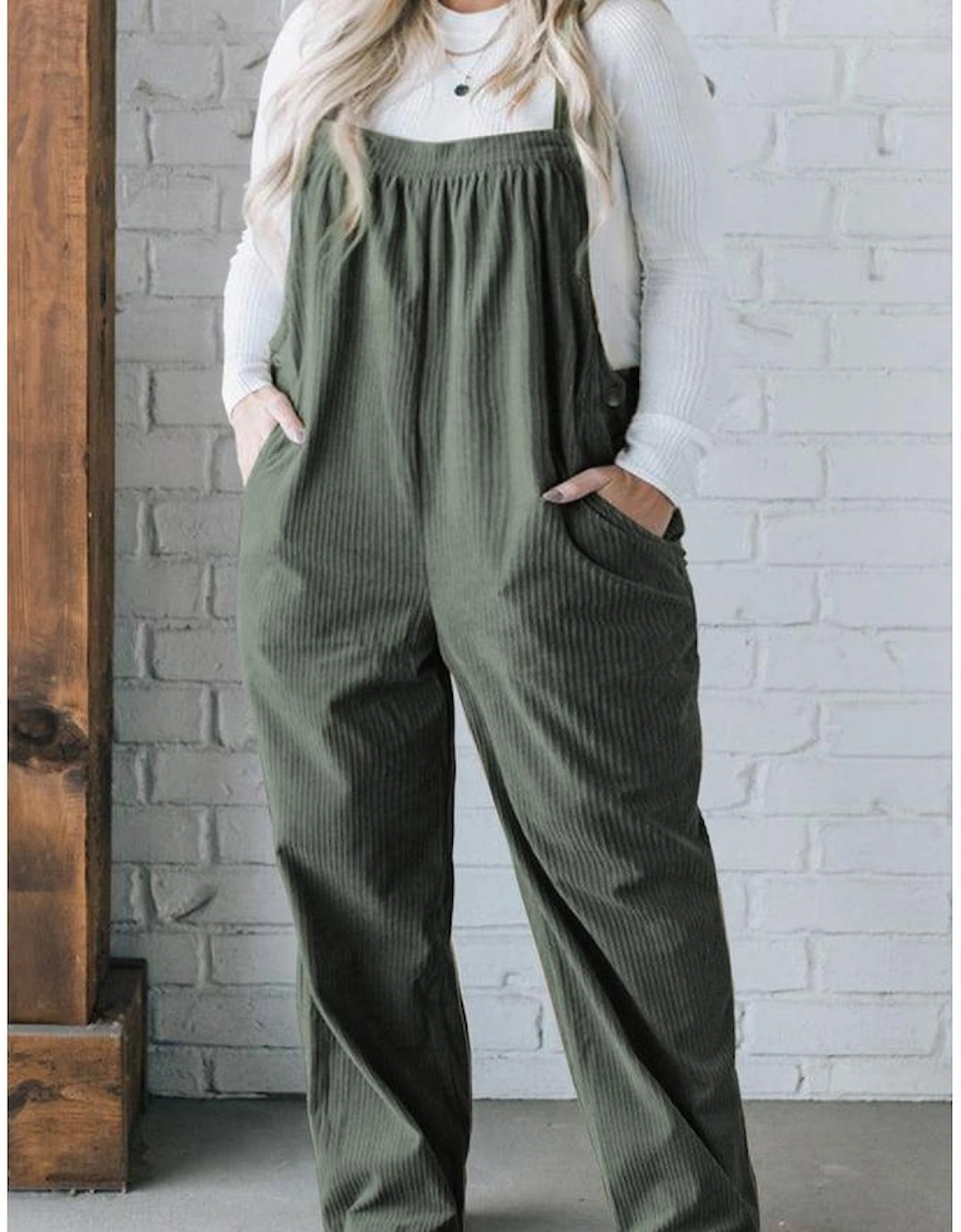 Jungle Green Plus Size Corduroy Pocketed Wide Leg Overall