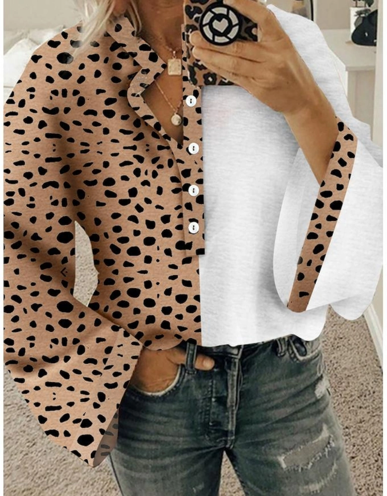 Khaki Leopard Contrast Half Button Casual Blouse