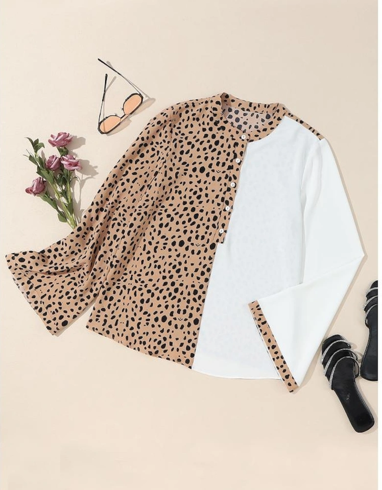Khaki Leopard Contrast Half Button Casual Blouse