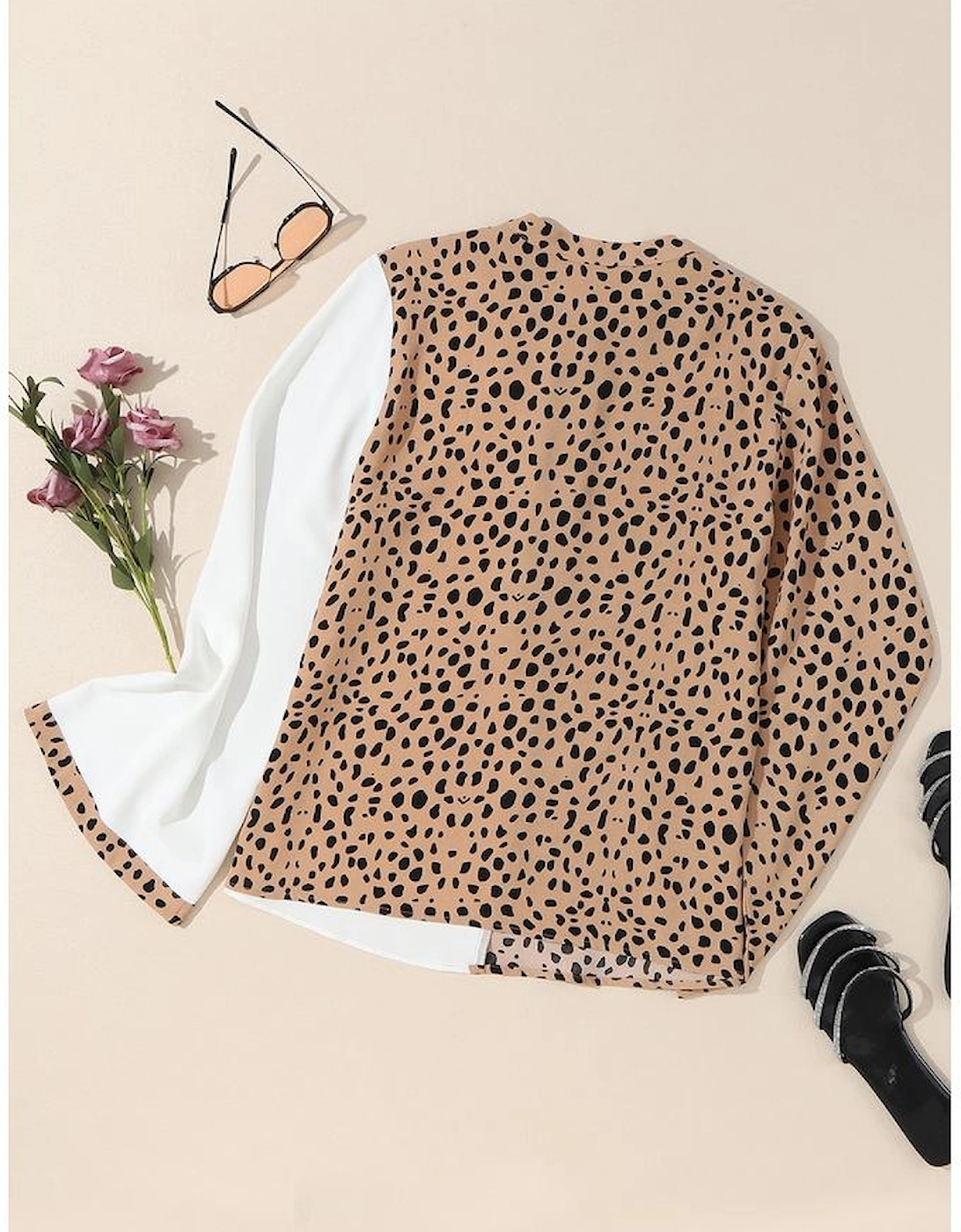 Khaki Leopard Contrast Half Button Casual Blouse