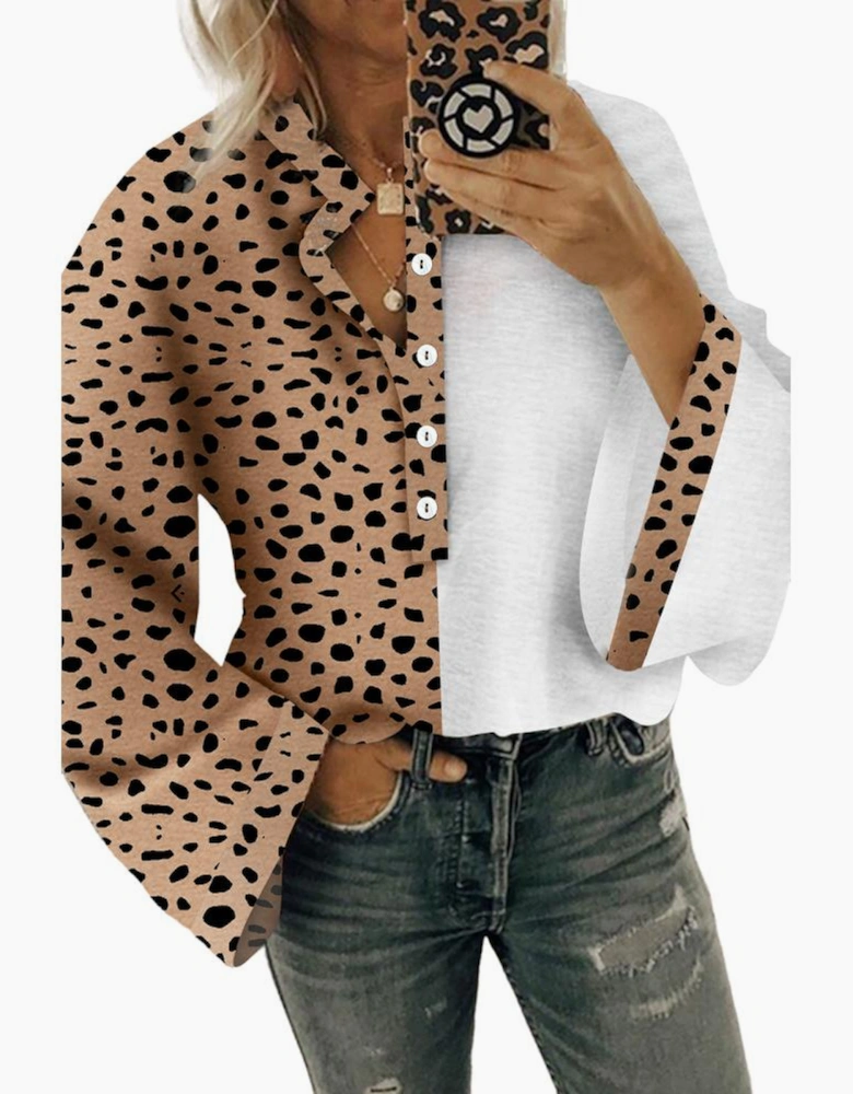 Khaki Leopard Contrast Half Button Casual Blouse