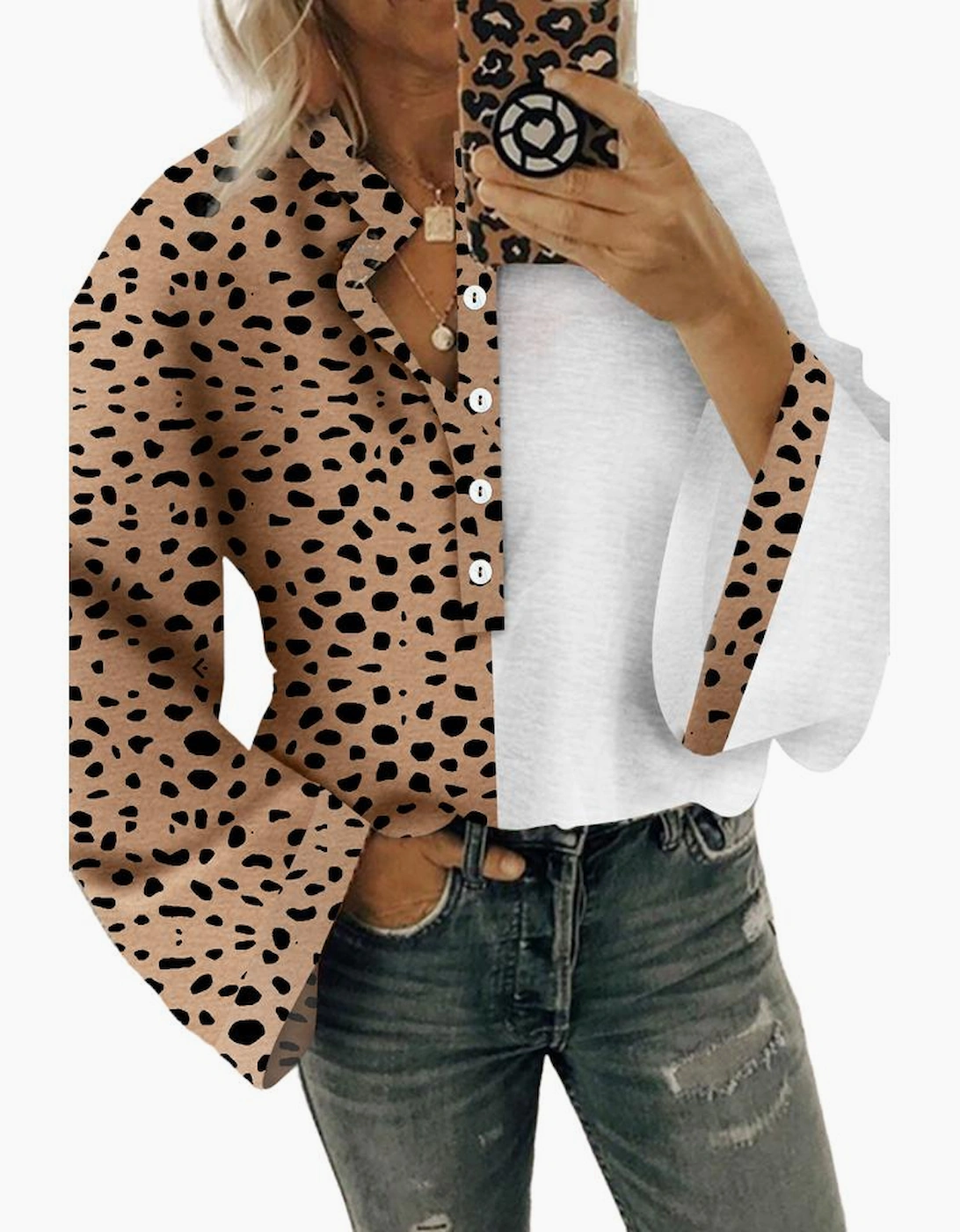 Khaki Leopard Contrast Half Button Casual Blouse