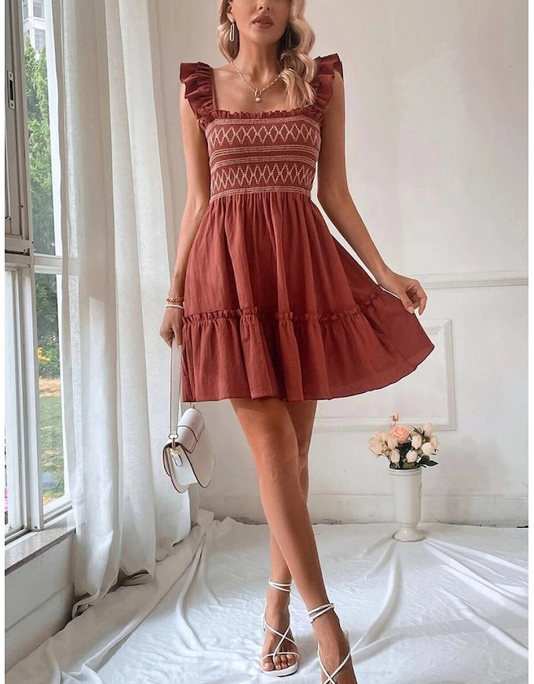 Red Sandalwood Geometric Stitch Shirred Bodice Ruffled Trim Sleeveless Mini Dress