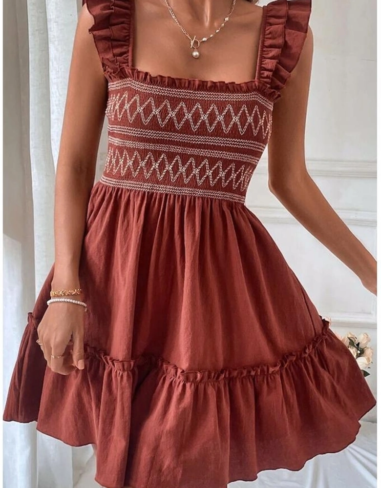 Red Sandalwood Geometric Stitch Shirred Bodice Ruffled Trim Sleeveless Mini Dress