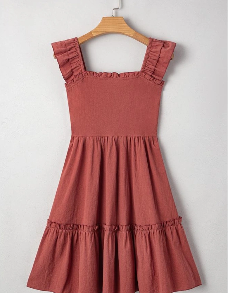 Red Sandalwood Geometric Stitch Shirred Bodice Ruffled Trim Sleeveless Mini Dress