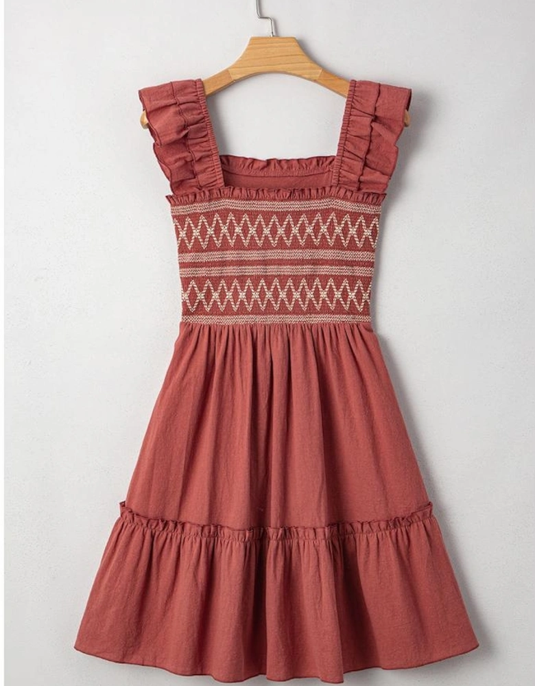 Red Sandalwood Geometric Stitch Shirred Bodice Ruffled Trim Sleeveless Mini Dress