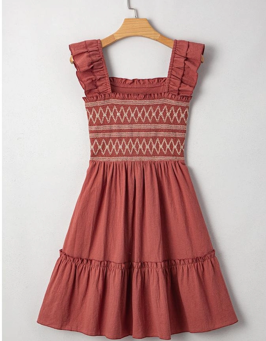 Red Sandalwood Geometric Stitch Shirred Bodice Ruffled Trim Sleeveless Mini Dress