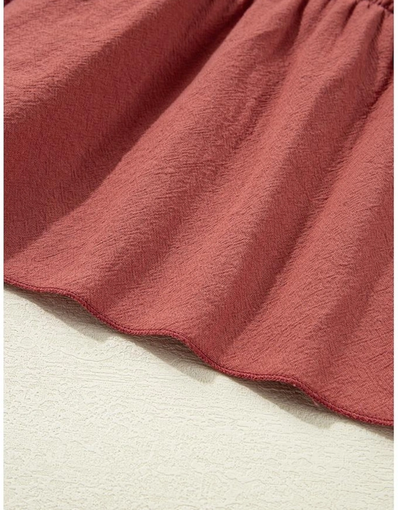 Red Sandalwood Geometric Stitch Shirred Bodice Ruffled Trim Sleeveless Mini Dress