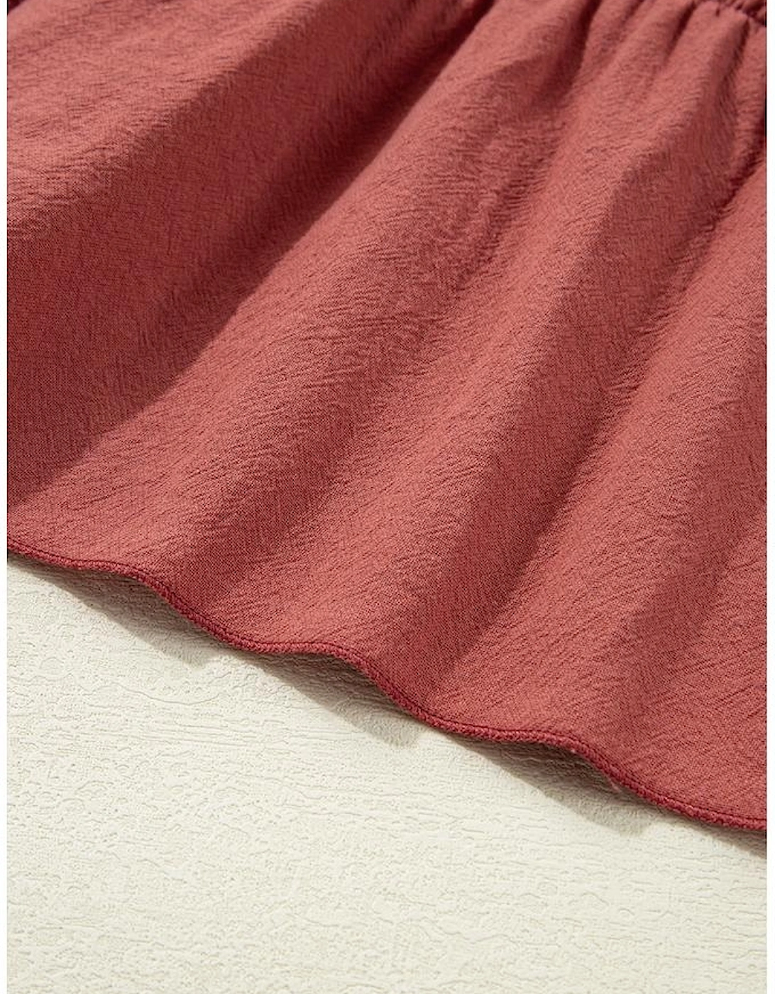 Red Sandalwood Geometric Stitch Shirred Bodice Ruffled Trim Sleeveless Mini Dress