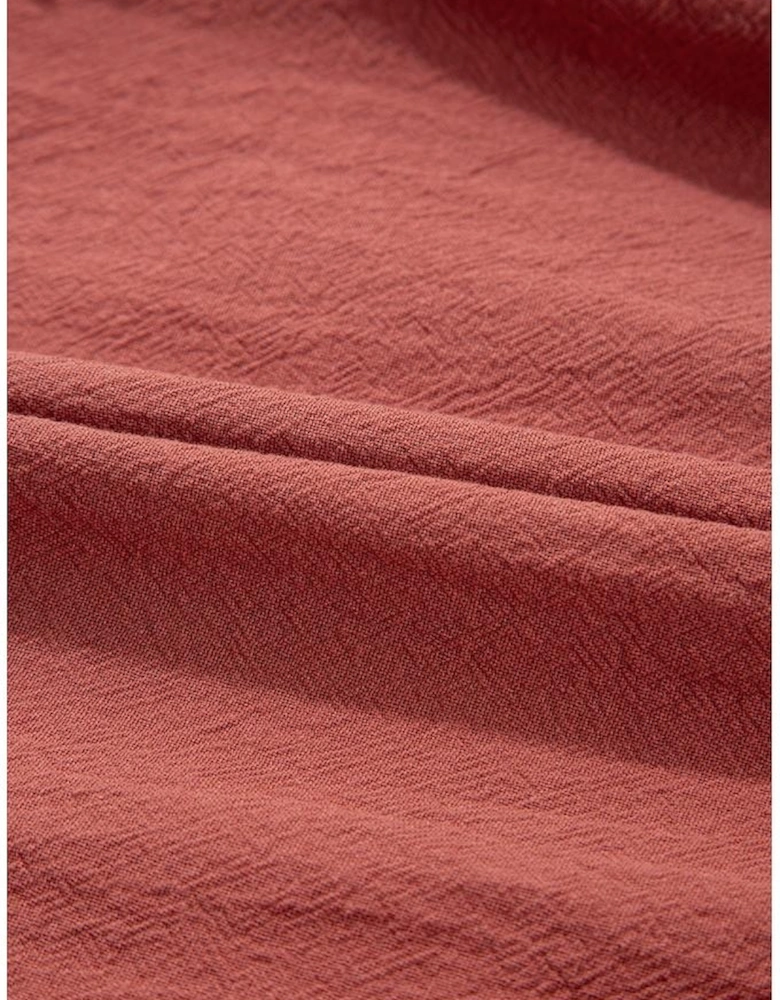 Red Sandalwood Geometric Stitch Shirred Bodice Ruffled Trim Sleeveless Mini Dress