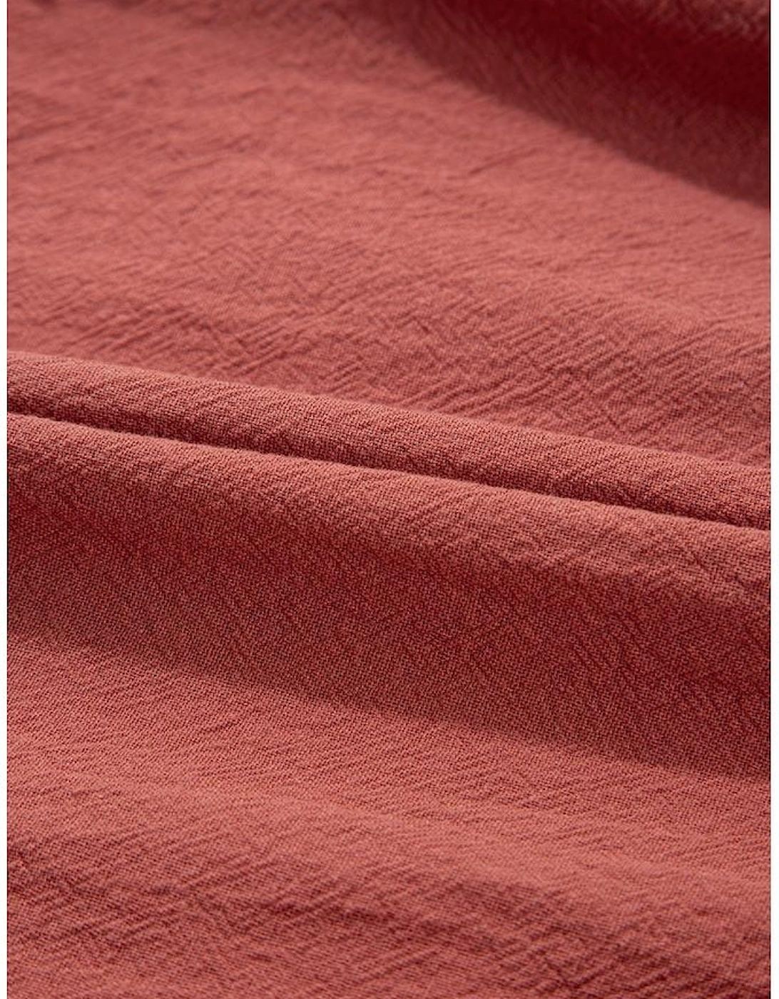 Red Sandalwood Geometric Stitch Shirred Bodice Ruffled Trim Sleeveless Mini Dress