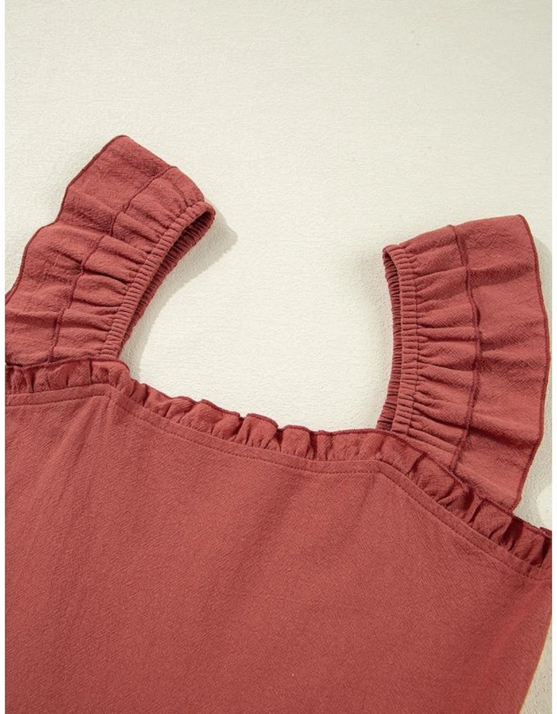 Red Sandalwood Geometric Stitch Shirred Bodice Ruffled Trim Sleeveless Mini Dress