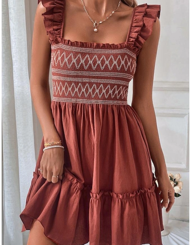 Red Sandalwood Geometric Stitch Shirred Bodice Ruffled Trim Sleeveless Mini Dress