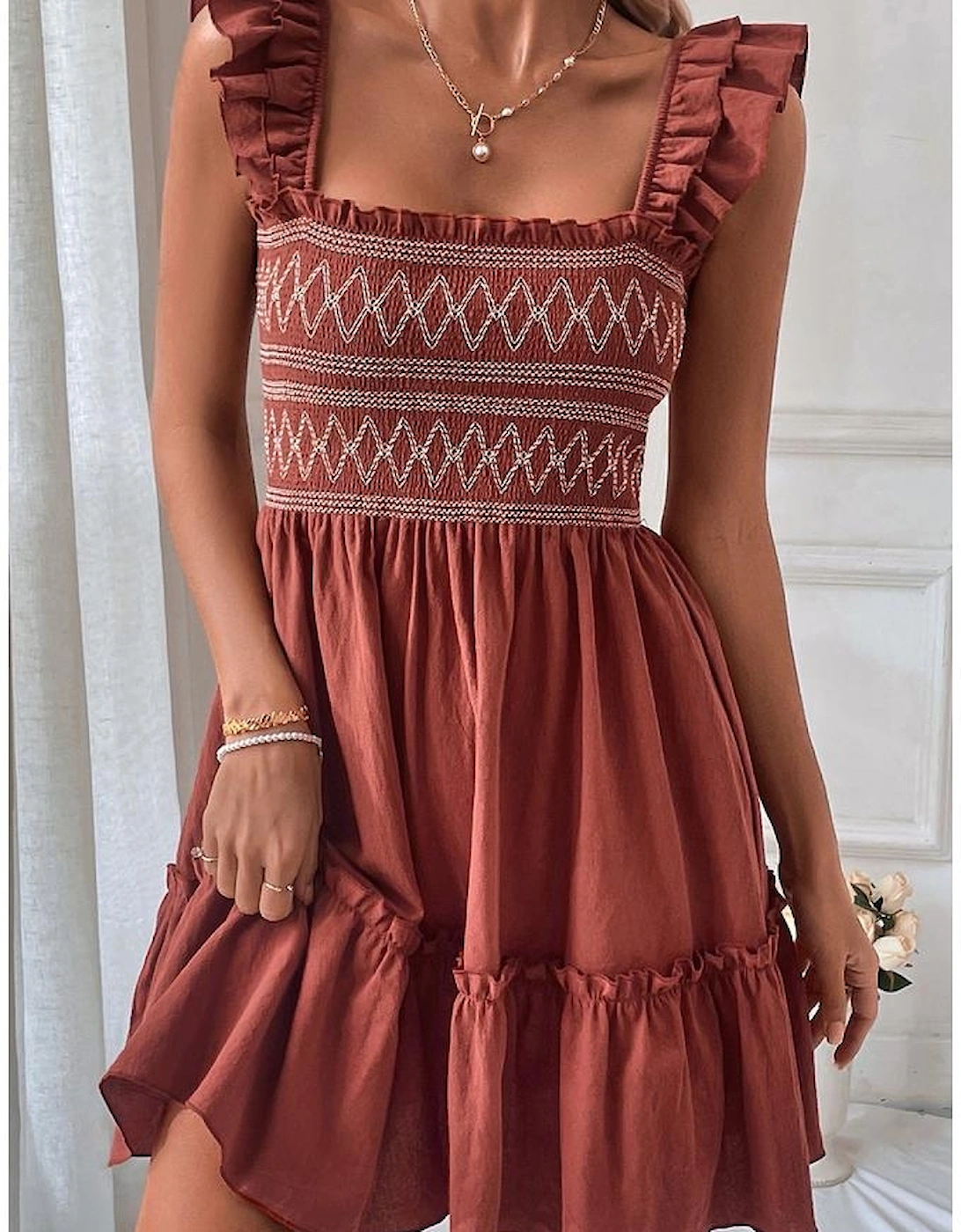 Red Sandalwood Geometric Stitch Shirred Bodice Ruffled Trim Sleeveless Mini Dress