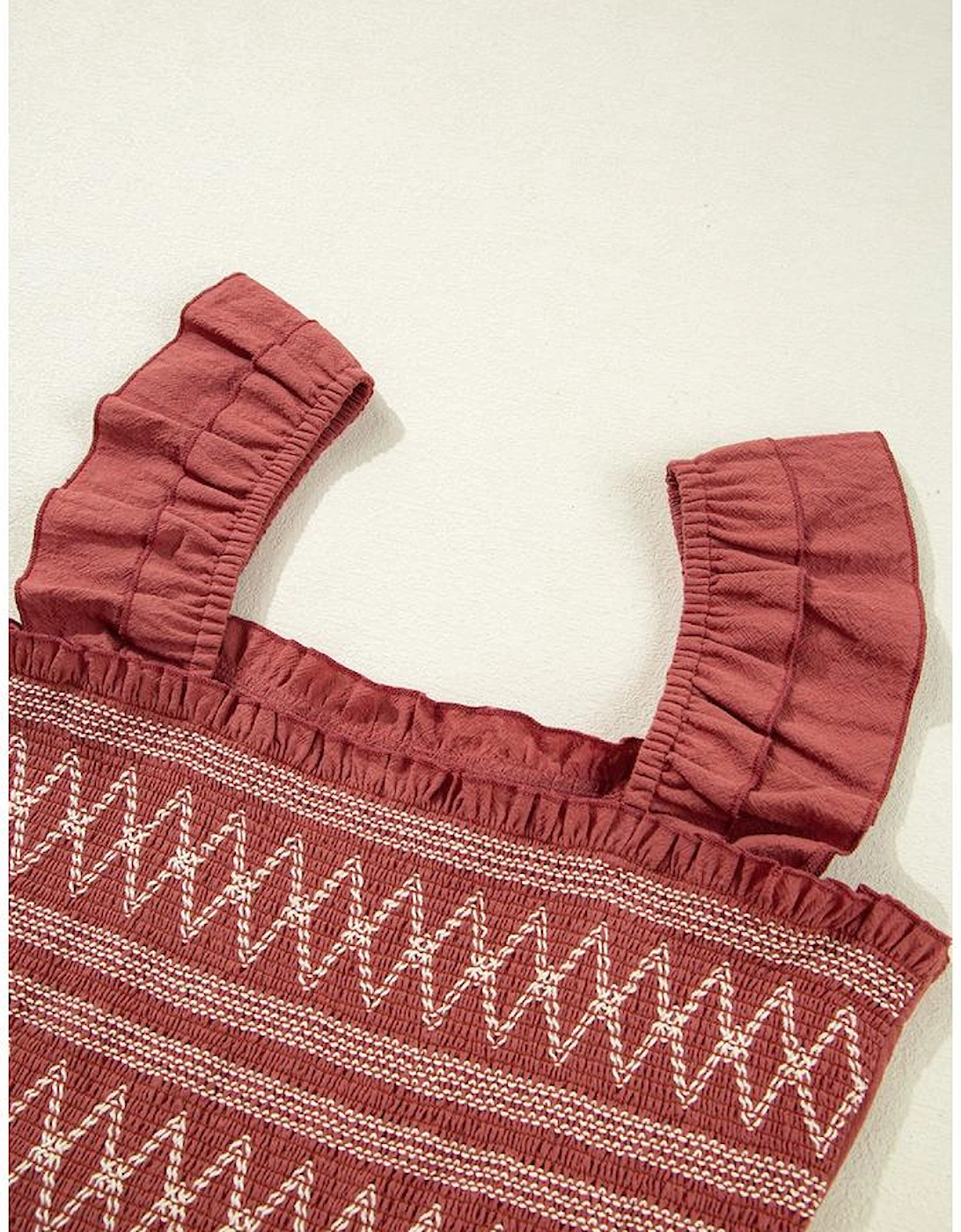 Red Sandalwood Geometric Stitch Shirred Bodice Ruffled Trim Sleeveless Mini Dress