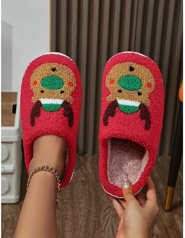 Fiery Red Christmas Reindeer Pattern Thick Sole Plush Slippers