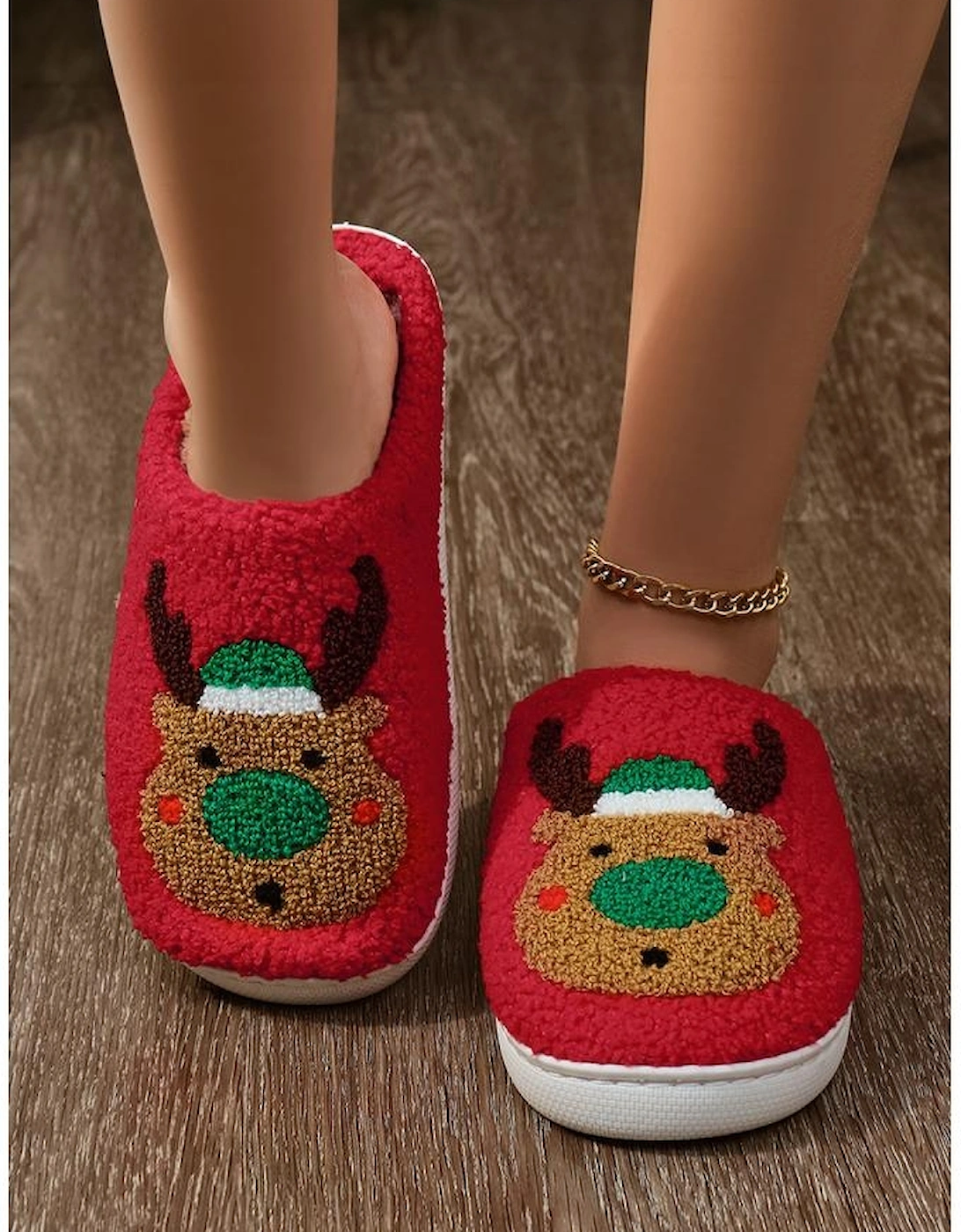 Fiery Red Christmas Reindeer Pattern Thick Sole Plush Slippers