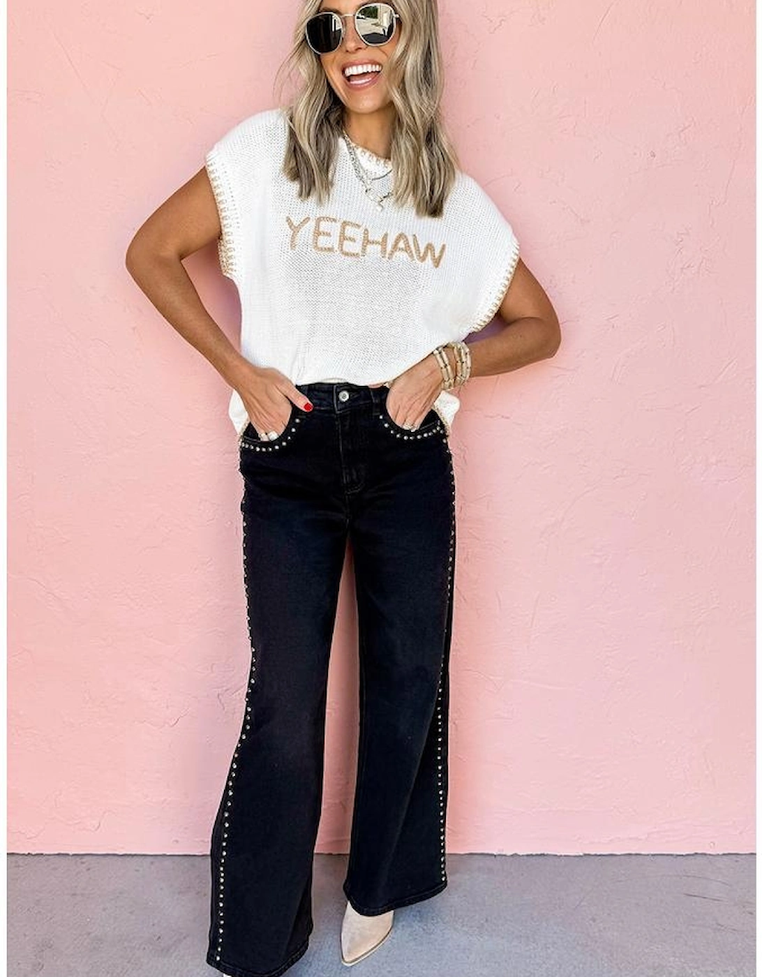 White Knitted YEEHAW Stitch Edge Crew Neck Sweater T Shirt