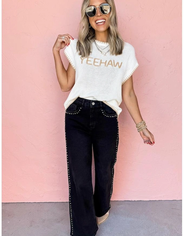 White Knitted YEEHAW Stitch Edge Crew Neck Sweater T Shirt